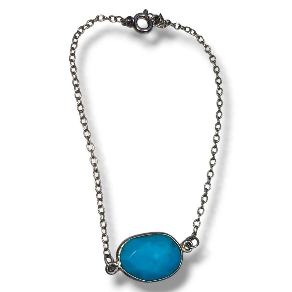 Dainty Sterling Silver 925 Single Turquoise Stone‎ Bracelet 7.5" - Picture 2 of 7